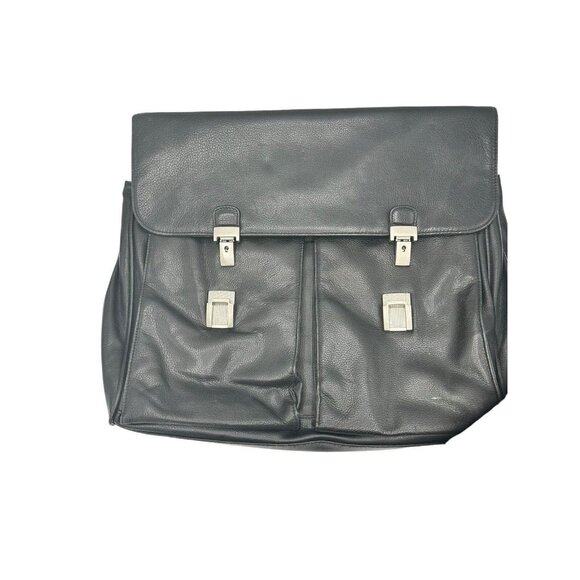 Perry Ellis Portfolio Black Genuine Leather Briefcase Black Many Pockets‎ FLAW - Picture 1 of 14
